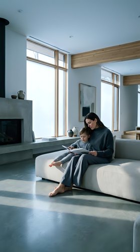 Mother and daughter reading together on modern sofa in contemporary living room with large windows and natural light for family bonding moments.