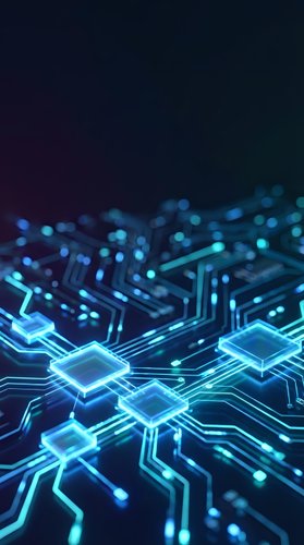 Futuristic circuit board with glowing blue microchips and electronic pathways on dark background for technology and innovation concepts.