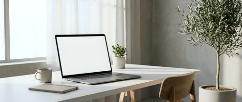 Modern minimalist home office workspace with open laptop displaying blank white screen on wooden desk near window with natural light and potted plant.