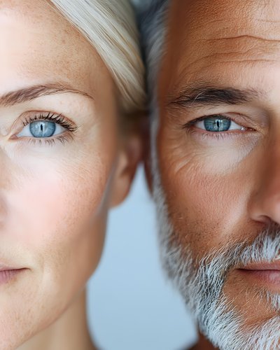 Close-up portrait of mature man with gray beard and young blonde woman with blue eyes showing age difference and facial features against light background.
