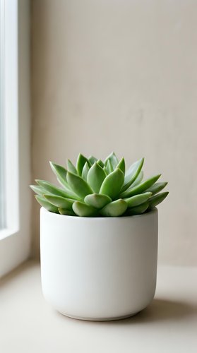 Potted succulent plant with vibrant green leaves in white ceramic container on windowsill, ideal for home decor and interior design projects.