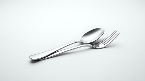 Shiny stainless steel spoon and fork crossed on white background, elegant silverware set for restaurant menu, food blog, or kitchen design.