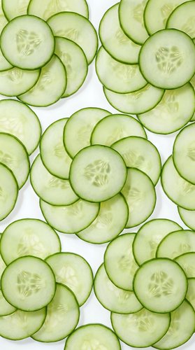 Fresh cucumber slices arranged in circular patterns on white background. Healthy vegetable ingredient for salads, skincare and spa treatments.