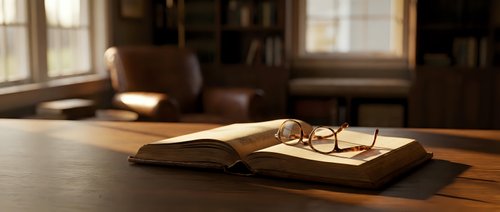 Open book with eyeglasses resting on wooden table near window with warm sunlight, suitable for education, reading, and learning concepts.