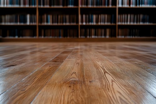 Polished wooden floor in library with blurred bookshelves background, low angle perspective creating dramatic depth and leading lines toward literature collection.