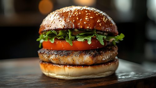 Fresh grilled beef burger with lettuce, tomato slices and sesame bun on dark wooden surface, close up view with selective focus and bokeh background.