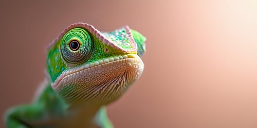 Green chameleon head close up with detailed eye and scales against blurred brown background, showing remarkable natural camouflage ability of exotic reptile species.
