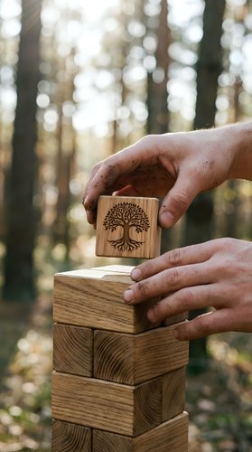 Hands carefully placing wooden block with tree of life symbol on stack in forest setting representing growth, balance and environmental consciousness.
