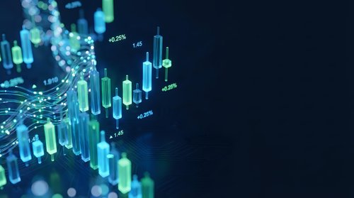 Financial market data visualization with glowing blue and green candlestick charts displaying stock price movements and trading analytics on dark background.