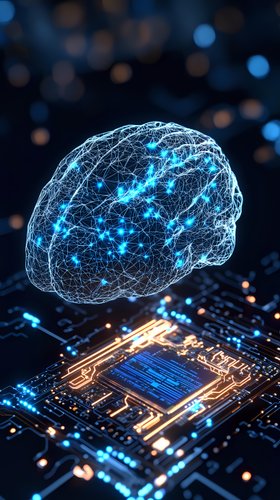 Glowing neural network brain floating above microprocessor circuit board with blue light effects and bokeh background, representing artificial intelligence.