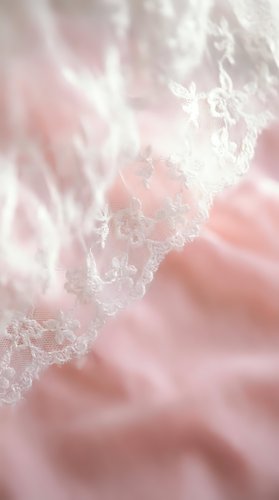 Delicate white lace fabric with intricate floral patterns on soft pink silk background creating romantic feminine texture for wedding and fashion design.