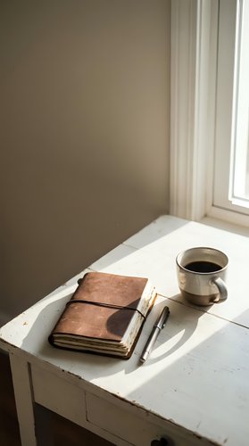 Minimalist workspace with brown leather journal, pen, and steaming coffee mug on white table by window with natural light, suitable for business, productivity, and lifestyle content.