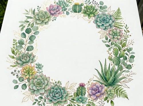 Watercolor succulent wreath with cacti and ferns on white background. Botanical frame for wedding invitations, greeting cards and decorative designs.