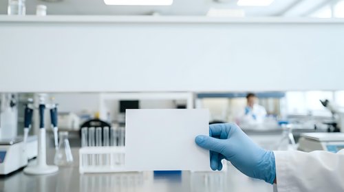 Scientist in blue latex glove holding blank white card in modern laboratory with equipment and blurred background, suitable for medical research, healthcare, and scientific communication projects.