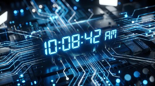 Digital clock displaying 10:08:42 AM surrounded by futuristic circuit board patterns with glowing blue lights and electronic pathways in cyberpunk style.