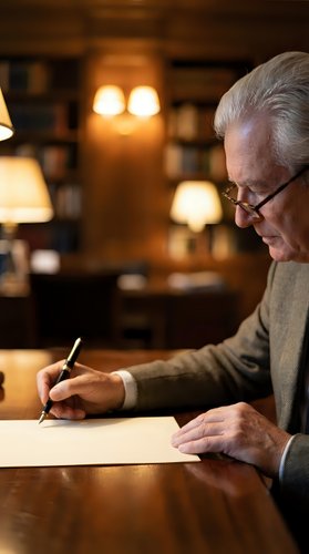 Senior man with white hair and glasses writing on paper at wooden desk in warm-lit study room with bookshelves and lamps, suitable for education, business, and professional content.