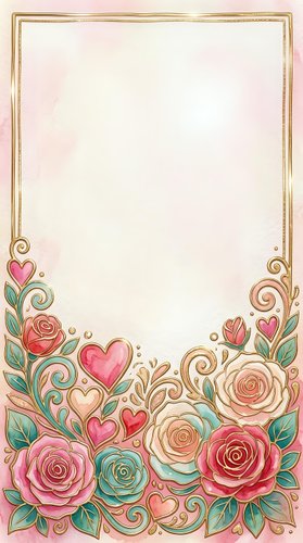 Elegant floral frame with roses and hearts on cream background, isolated design ready for wedding invitations, greeting cards, and romantic stationery projects.