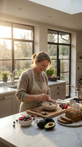 Middle-aged Caucasian woman preparing healthy breakfast in modern kitchen with natural sunlight streaming through windows for morning routine concept.
