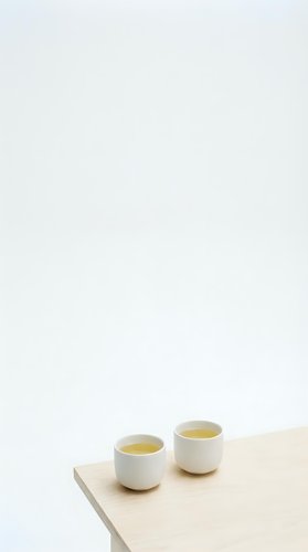Two white ceramic cups filled with green tea on wooden table against clean white background for minimalist kitchen and wellness concepts.