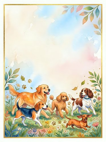 Watercolor dogs playing in garden with floral border frame, pastel sky background for greeting cards, pet adoption materials and family announcements.