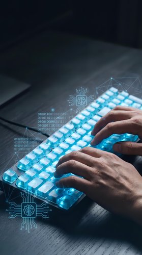 Hands typing on futuristic glowing blue keyboard with digital circuit patterns and binary code overlays for technology and cybersecurity concepts.
