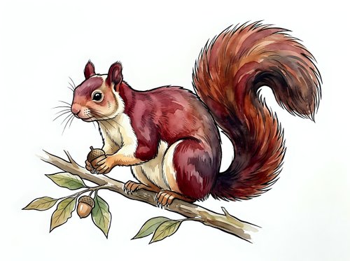 Red squirrel perched on branch with leaves, isolated on white background. Suitable for children's books, educational materials, wildlife illustrations, and design projects.