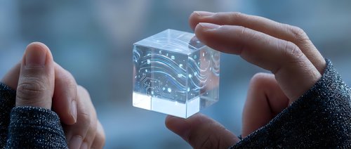 Hands holding transparent cube with glowing digital network connections and data visualization for technology and innovation concepts.