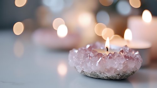 Rose quartz crystal candle holder with burning flame against soft bokeh background creates serene spiritual atmosphere for meditation and wellness practices.