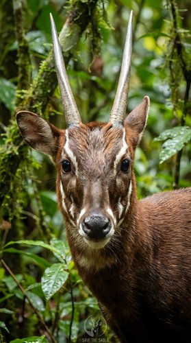 Young male deer with small antlers in lush green forest environment looking directly at camera with alert expression surrounded by tropical vegetation.