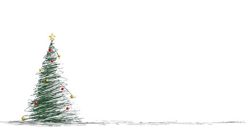 Minimalist sketch of Christmas tree with colorful ornaments and gold star topper on white background, perfect for holiday greeting cards.