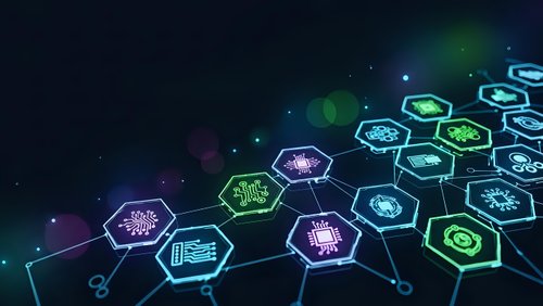 Digital technology network with glowing hexagonal icons connected by lines on dark background for business presentations and tech concepts.