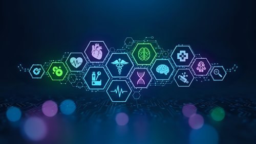 Medical healthcare technology concept with glowing hexagonal icons displaying various health symbols on dark blue digital background.