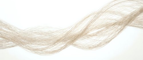 Flowing blonde hair strands creating elegant waves on white background, isolated for beauty and haircare design projects.