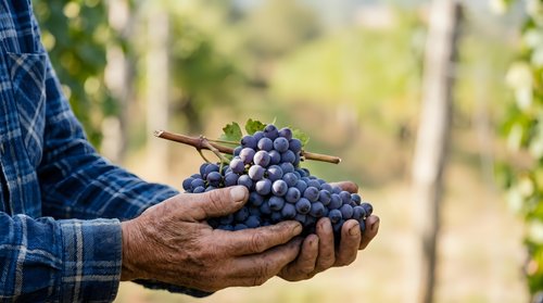Farmer holding fresh dark purple grapes in hands at vineyard during harvest season, showcasing organic fruit production and agricultural work.