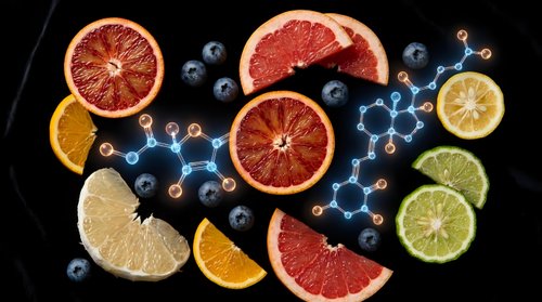 Fresh citrus fruit slices with blueberries and molecular structures on dark background for healthy nutrition and vitamin C antioxidant concepts.