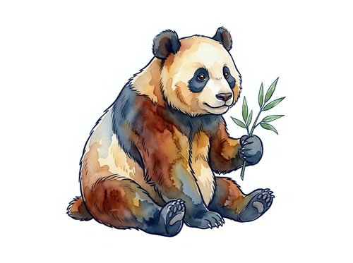 Watercolor illustration of a sitting giant panda holding bamboo leaf, rendered in warm earth tones and cool blues. Isolated on white background, suitable for children's books, nursery decor, and educational materials.