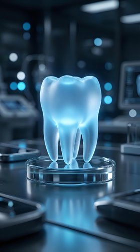 Futuristic holographic tooth model glowing blue in modern dental laboratory setting for medical technology and healthcare innovation presentations.