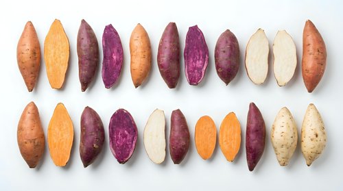 Colorful sweet potato varieties sliced in half displaying vibrant orange, purple, white flesh arranged in rows on white background for healthy cooking.
