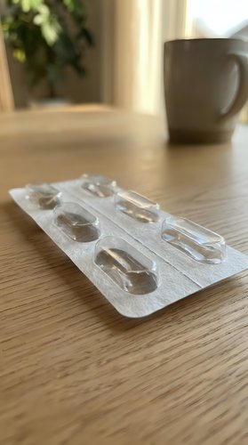 Empty medication blister pack on wooden table with coffee mug in background, healthcare and pharmaceutical concept for medical treatment adherence.