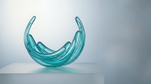 Turquoise glass crescent moon sculpture with flowing curved lines on reflective surface, modern artistic home decor accent piece for contemporary interior design.