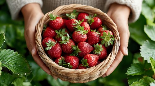 Fresh ripe strawberries in wicker basket held by hands surrounded by green leaves for healthy eating and organic farming concepts.
