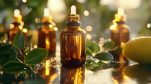 Amber glass essential oil bottles with green leaves and bokeh lights creating magical spa atmosphere. For wellness, aromatherapy and natural cosmetics marketing.