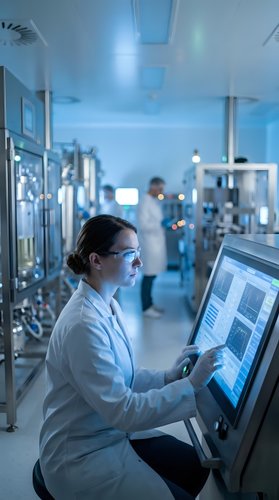 Female scientist in white lab coat analyzing data on computer screen in modern pharmaceutical laboratory with advanced equipment and blue lighting atmosphere.
