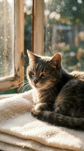 Adorable tabby kitten relaxing on soft blanket by sunny window with warm golden light streaming through glass creating cozy indoor atmosphere for pet care content.