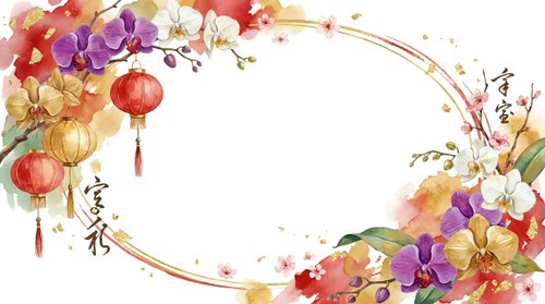 Watercolor floral frame with red lanterns, purple orchids, and golden flowers arranged in corners with curved gold lines on white background for festive designs.