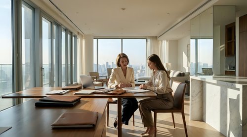 Two professional businesswomen collaborating at modern conference table in bright office with city skyline view through floor-to-ceiling windows.
