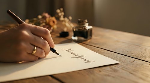 Hand writing with vintage fountain pen on parchment paper at wooden desk with dried flowers and ink bottles creating nostalgic correspondence atmosphere.