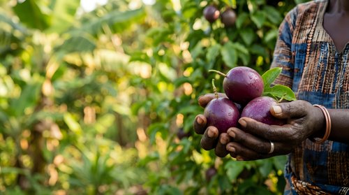 Farmer holding freshly harvested purple eggplants in hands against green garden foliage. Organic vegetable farming and sustainable agriculture concept for agricultural industry use.