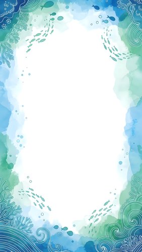 Underwater ocean frame with decorative waves, fish schools and bubbles in blue and green watercolor style for marine themed designs and invitations.