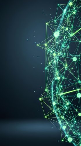 Abstract green network connections with glowing nodes and lines on dark background for technology and digital communication concepts.